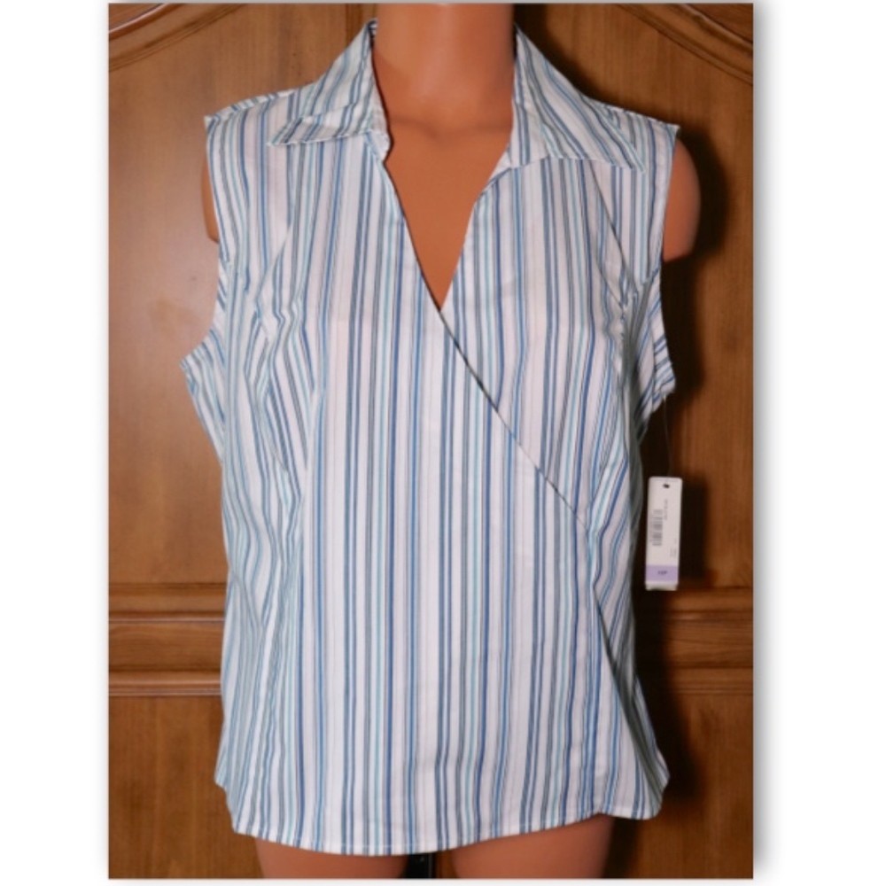 East 5th Petite Stripe Sleeveless Faux Wrap Top